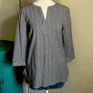 New Talbots Women’s Petite Gingham Textured 3/4 Sleeve Split Neck Blouse